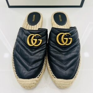 Gucci Black and Gold Quilted Mules